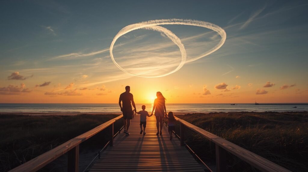 a realistic wide angle photograph of a father, mother and two children ( one son and one daughter) walking hand in hand down a boardwalk path toward a tropical ocean sunset, with airplane contrails fo (1)