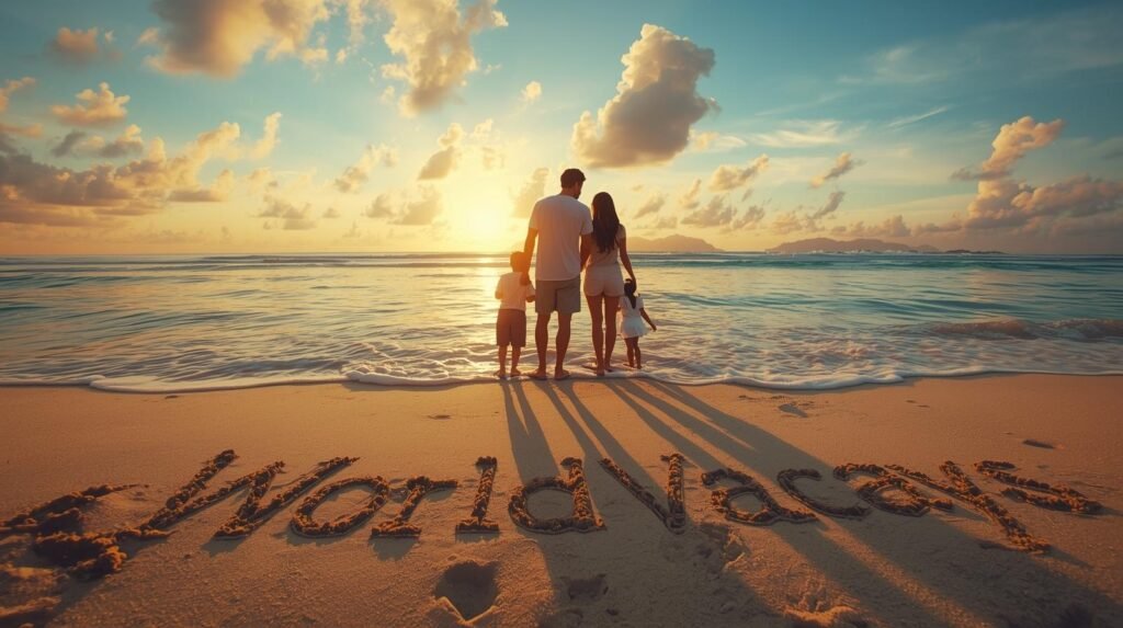 “a realistic wide angle photograph of a family of four (father, mother, son, daughter) standing on a tropical beach at sunrise, looking down at the word ‘worldvacays’ written in the sand. gentle ocean wave